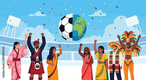 Diverse group of people from around the world celebrating a soccer match with a globe soccer ball and confetti