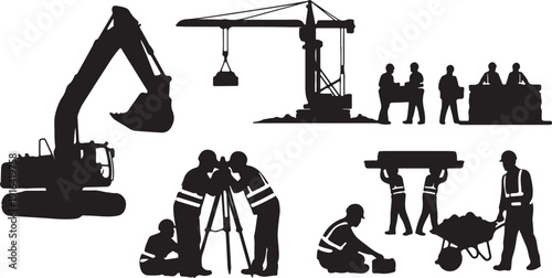 Female construction worker silhouette icon set featuring women holding tools like drill, hammer, and wrench, black industrial labor figures isolated on white background for design use