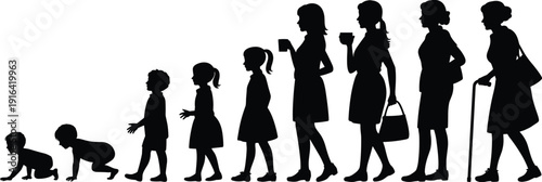 Female life stages silhouettes from infancy to elderly woman showing growth lifestyle daily activities isolated on white background stock illustration