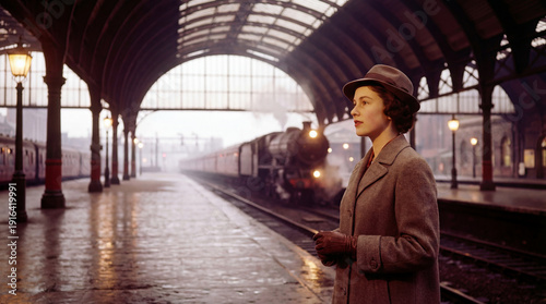 A woman in 1940s vintage attire waiting at a historic train station, capturing a cinematic atmosphere of nostalgia, travel, and timeless storytelling.