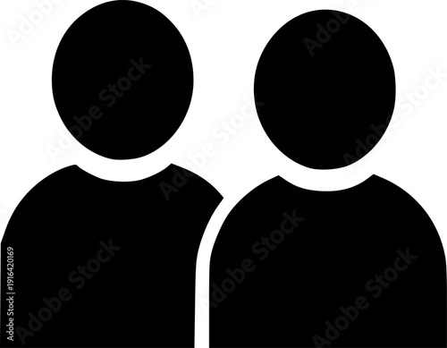 Minimalist black vector icon depicting two generic person silhouettes, representing user profiles, a small group, team collaboration, or social connection symbol, isolated on white
