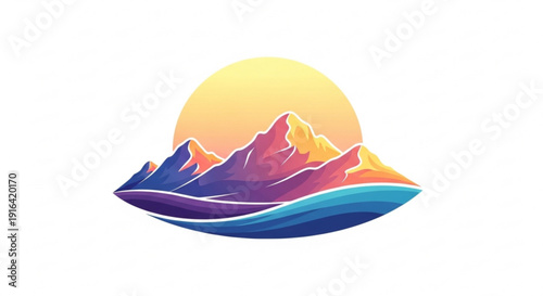 Vibrant mountain landscape with sunset over ocean waves