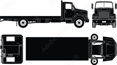 Technical silhouette illustration of flatbed truck from side, front, top, and rear perspectives, commercial vehicle artwork representing cargo transport, logistics, delivery services, 