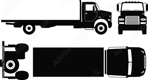 Silhouette illustration of flatbed truck from multiple perspectives including side, front, top, and rear views, commercial vehicle artwork representing cargo transport, logistics, delivery, 