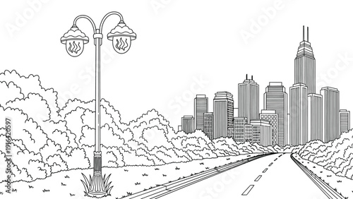 Line drawing of a cityscape features a two-lamp streetlight by a road, with bushy trees along the roadside. Tall buildings are visible on the horizon.