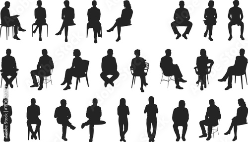 Collection of people sitting silhouettes on chairs, diverse men and women seated in various poses isolated on white