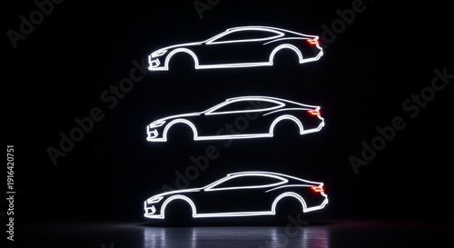 Three glowing white outline sports car silhouettes are arranged horizontally on a reflective black surface, creating a futuristic and minimalist visual representation of automotive design.