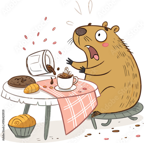 Cute Capybara Character Accidentally Spilling Coffee on Table