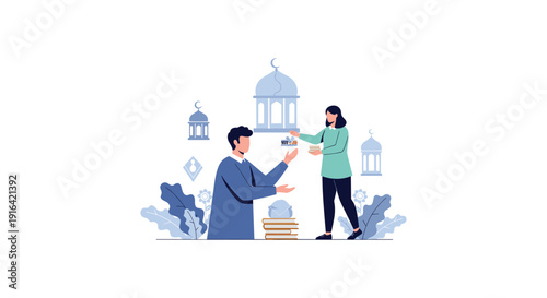 Illustration of a man and woman exchanging gifts surrounded by blue lanterns and foliage, symbolizing friendship and celebration