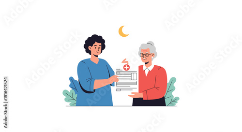 A healthcare worker gives a medical form to an elderly lady under the moonlight, symbolizing care and support.