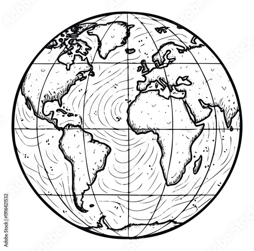 Black and white handdrawn world globe map displaying continents and ocean currents suitable for educational materials or global communication visuals