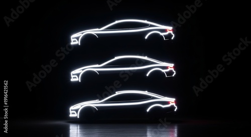 Three white glowing outline silhouettes of luxury sports cars rendered in 3D on a dark reflective background, showcasing sleek automotive design and futuristic style.