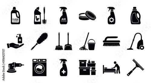 Diverse collection of cleaning products, household tools, and equipment for routine domestic chores, hygiene management, and maintenance tasks, perfect for showcasing home sanitation