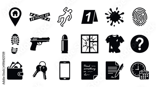 Comprehensive collection of crime investigation icons including police tape evidence markers fingerprints weapons and various clues useful for legal documents forensic analysis and mystery
