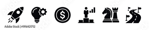 Essential business strategy icons symbolizing startup launch innovation financial success leadership achievement and the roadmap to reaching goals perfect for corporate presentations and