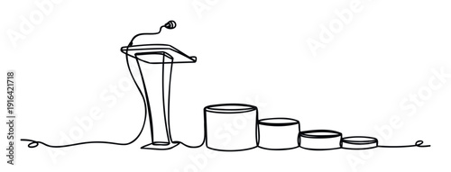 Elegant continuous line drawing of a speakers podium and microphone flowing into a declining bar graph, symbolizing communication, progress, or business downturns for professional visuals