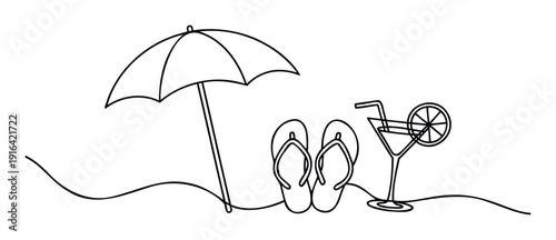 Simple continuous line drawing portraying a serene summer beach getaway with a sun umbrella, relaxed flip flops, and refreshing cocktail, perfect for travel promotions.