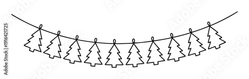 Simple line drawing of a Christmas tree garland strung on a wire, creating a festive holiday decoration for seasonal celebrations and winter event media.