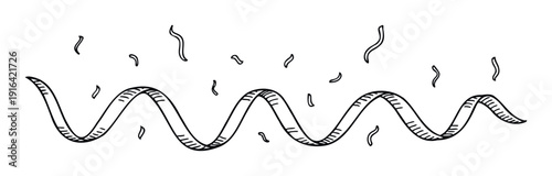 Hand drawn sketch of a winding organic ribbon or DNA helix with scattered abstract squiggles, ideal for educational content or modern graphic design projects.
