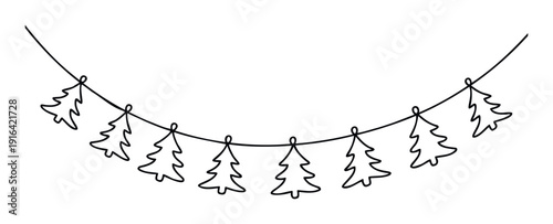Minimalist holiday garland featuring simple Christmas tree outlines strung along a delicate line, ideal for seasonal greetings, winter celebrations, and festive graphic projects.