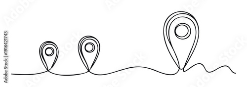Continuous single line art drawing of three evolving location map pin icons, representing a journey, progress, or sequence for various logistical and conceptual projects