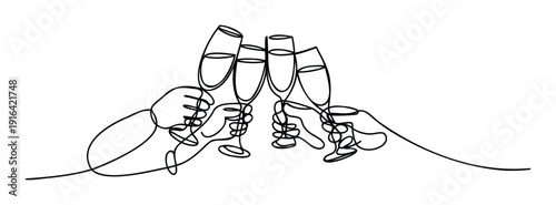 Four hands holding champagne glasses in a festive toast symbolizing celebration and friendship perfect for holiday promotions event invitations or social gathering announcements
