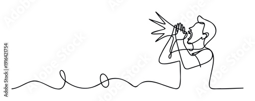 Minimalist continuous line drawing of a person speaking loudly with sound waves, suitable for dynamic communication, urgent messages, or impactful public announcements.