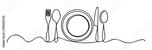 Minimalist single continuous line drawing of a dinner place setting with cutlery and plate, ideal for restaurant menus, food service branding, and event catering promotions.