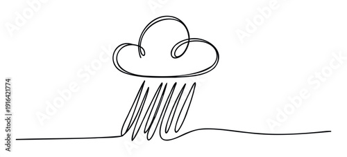 A continuous line drawing representing a cloud raining water droplets onto a wavy ground, perfect for weather forecasts, environmental concepts, or simple infographic illustrations for