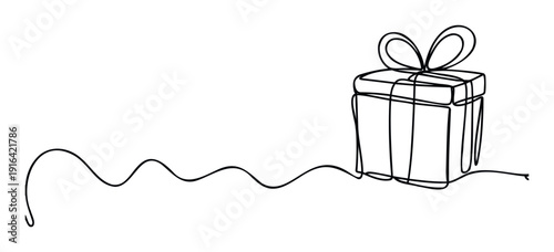Minimalist single continuous line drawing of a gift box with a ribbon bow, ideal for holiday promotions, birthday celebrations, special event announcements, and marketing campaigns.