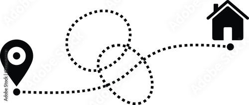 Curved dashed route connecting location pin to house destination, symbolizing journey, navigation, travel path, detours, and direction concept vector illustration