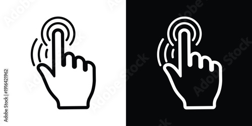 Human hand finger pointing up or clicking. Simple black and white line icons. Touchscreen gesture, direction indicator, or selection symbol for app and website UI design.