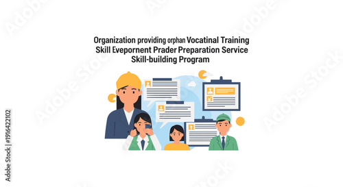 Illustration of vocational training professionals with documents and clipboard, representing skill development and training services.