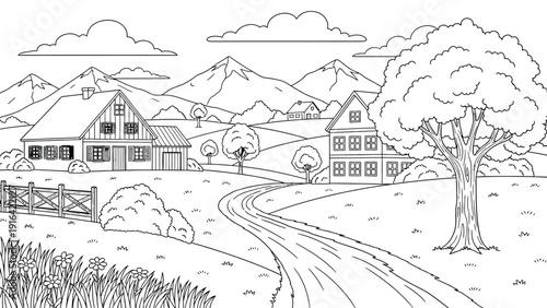 Line art of a serene rural landscape with two houses, a winding path, a wooden fence, trees, hills, mountains, and fluffy clouds under a clear sky.