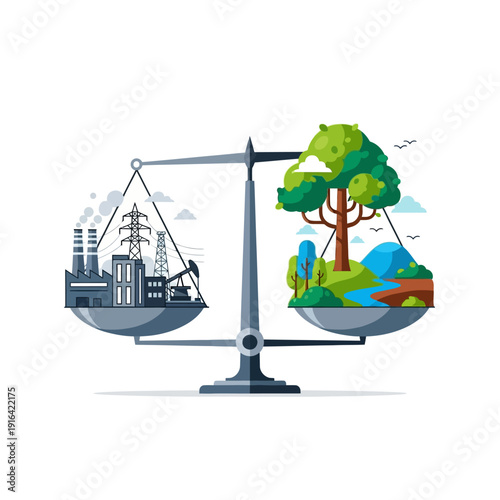 Industry vs Nature balance scale, environmental pollution and conservation concept