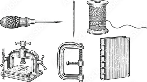 Detailed vector illustration of traditional bookbinding tools including awl, needle, thread, press, clamp, and stitched book, showcasing craftsmanship process.