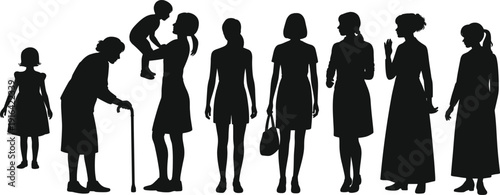 Female life stages silhouette showing childhood motherhood adulthood aging generations woman evolution family journey isolated on white background illustration