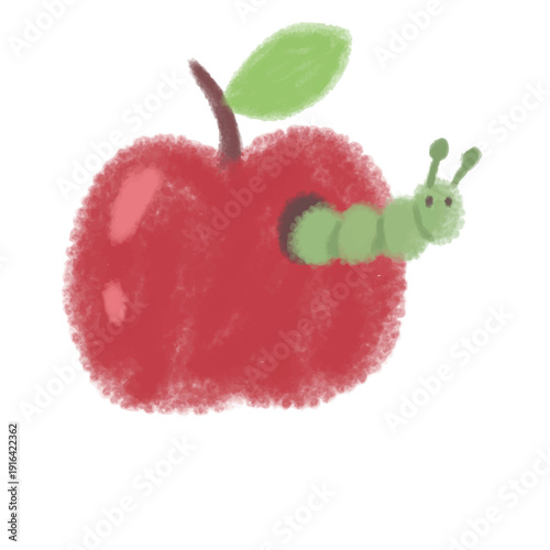 Crayon drawing of a red apple with a green caterpillar. Hand drawn fruit doodle for kids education. Cute worm coming out of apple isolated on white background.