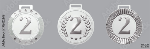 Set of 3d Silver medal isoleted on grey background. Second placement winner trophy prize, Silver medal trophy. 3D vector illustration.