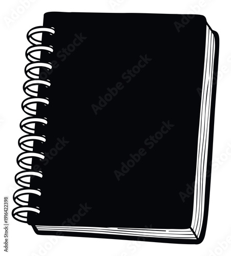 Essential black spiral bound notebook graphic for education, business, personal organization, sketching, or note taking applications and stationery designs.