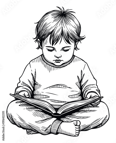 Young child sitting on the floor intently reading an open book, a delightful visual for early education resources, childrens literature promotions, and childhood development.