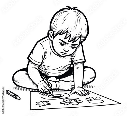 Young child deeply engaged in drawing simple shapes and figures on paper with a crayon, ideal for promoting creativity, education, or childhood development programs.