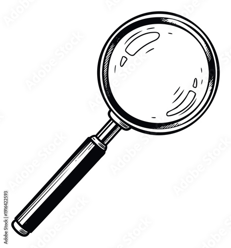 A classic handdrawn magnifying glass depicting exploration, research, and discovery, perfect for scientific diagrams, educational materials, or detective story graphics.
