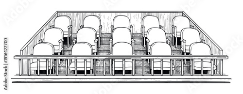 Empty jury box with twelve vacant seats in a classic courtroom setting, ideal for legal and justicethemed projects or historical cinematic representations.