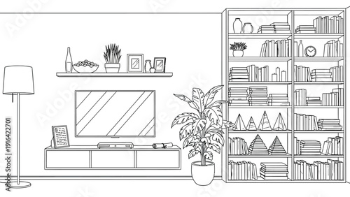 Minimalist living room line drawing featuring a TV stand, large plant, and bookshelves filled with books and decor. A calm, organized atmosphere prevails.