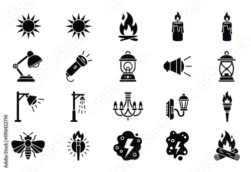 Comprehensive collection of energy and illumination symbols, including sun, fire, electricity, and various light sources, suitable for graphic design and informational displays.