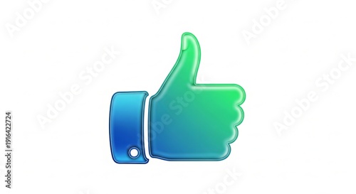 Glossy thumbs up icon with a vibrant blue to green gradient, symbolizing approval, like, and positive feedback, isolated on a transparent background.
