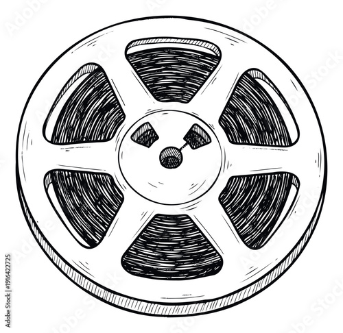 Hand drawn sketch of a classic vintage movie film reel or audio tape spool, perfect for use in nostalgic media projects, entertainment industry graphics, or historical documentaries.