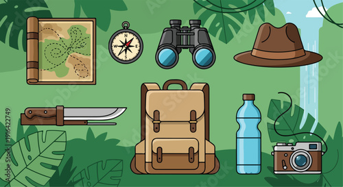 Vector illustration of adventure and safari travel equipment, including a map, compass, binoculars, fedora hat, knife, backpack, water bottle, and vintage camera, isolated on a jungle background.