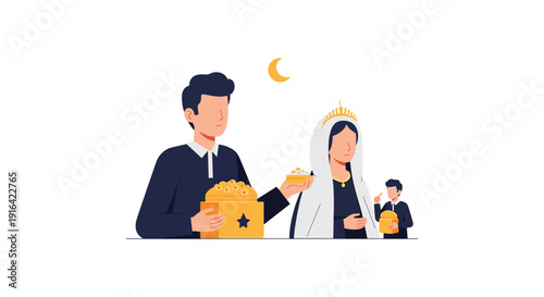 Illustration of a man and woman sharing a meal together under a crescent moon, with a child in the background, conveying a warm family atmosphere.